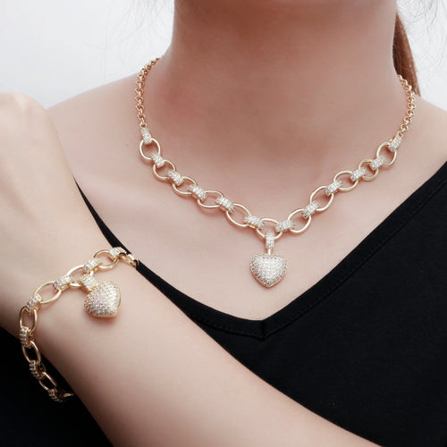 Heart Shape Charm Bracelet Pendant Necklace Jewelry Set